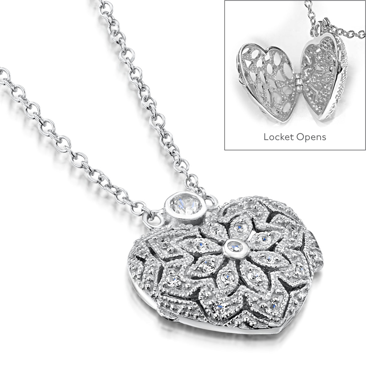 Vintage Heart Locket Lab Diamond Necklace White Topaz in 925 Silver